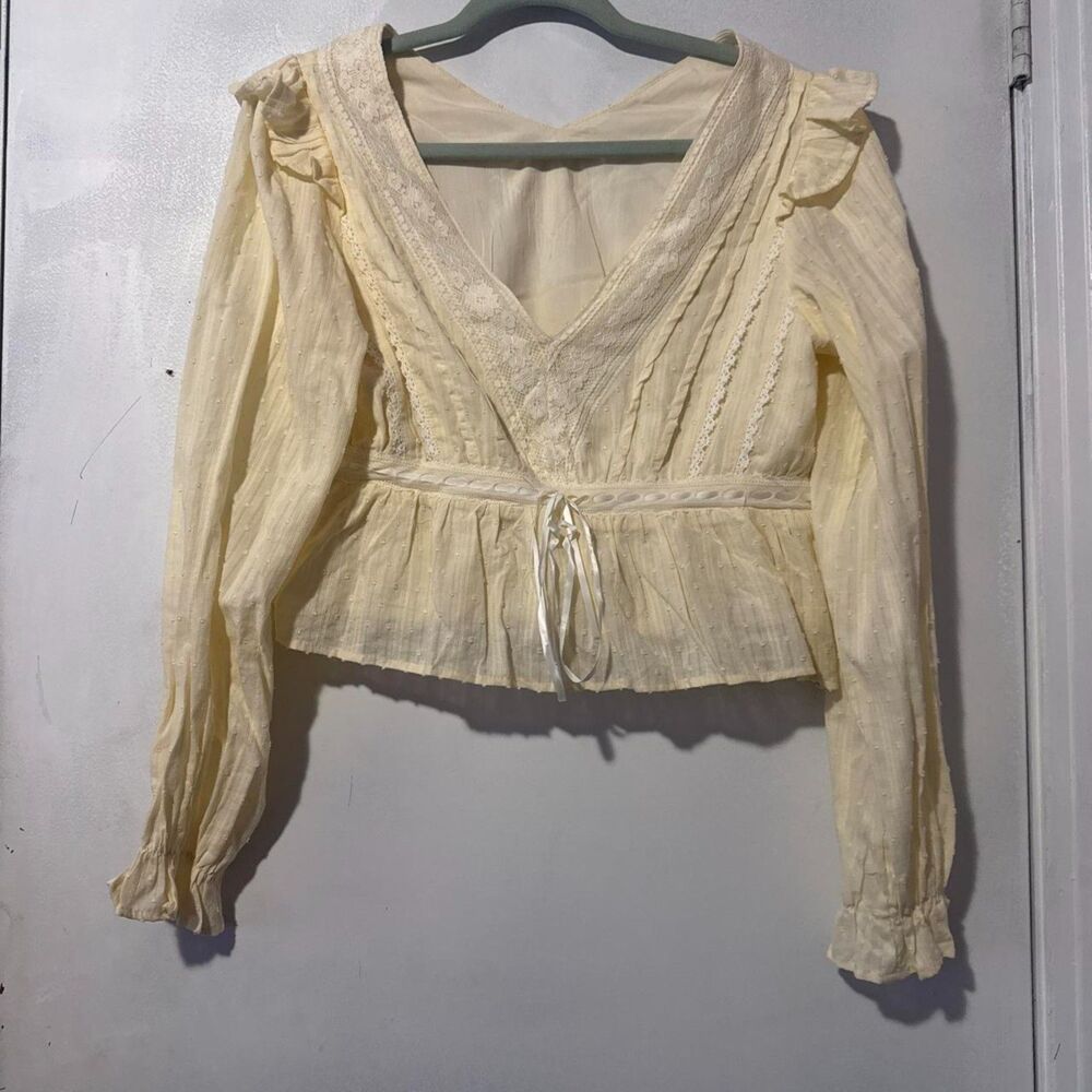 Altar'd State Butter Yellow Swiss Dot Lace Peplum Blouse Small Cotton